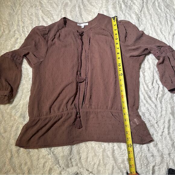DR2 by Daniel Rainn Size L Brown Tassel Clip Dot Blouse Peasant Top Boho Neutral - Picture 6 of 12